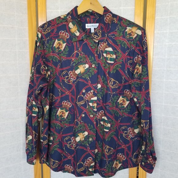 Vintage Equestrian Print Blouse Top Size 12 Long Sleeves Double Buttons - Picture 1 of 13